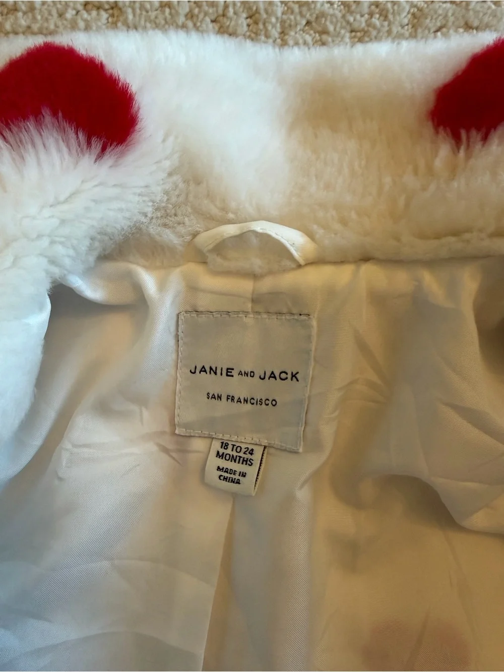 Infant Girls Janie and Jack White Faux-Fur Jacket with Red Heart Print